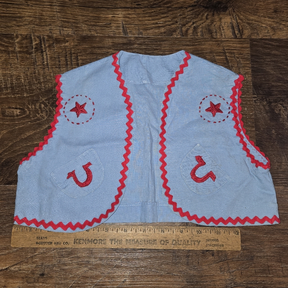 Blue Vest with Red Star and Horseshoe Accents- Hand Embroidered/sewn.